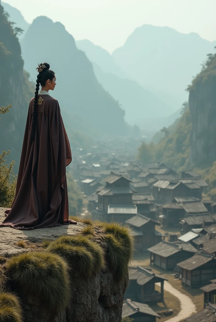 In the full Tang Dynasty era, a princess in dark brown dress in full official regalia, with a man in elegant white dress, standing on a high cliff above the village, looking at the rural peasant village of Ban Lang, which is poor and destitute, the old houses are in bad shape, the villagers are poor and destitute, the atmosphere of the road from the village to the capital is very realistic.