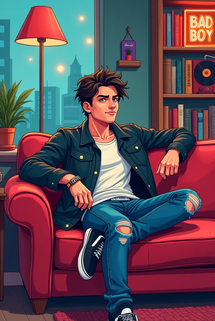 Cartoon of bad boy sitting on the sofa
