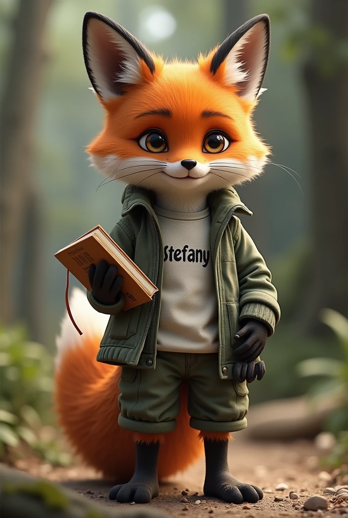Realistic fox wearing clothes with Stefany printed on it with a notebook in his hand