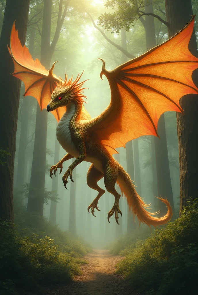 A majestic creature flies through a vast, ancient forest. With its slender, scaly body, that shines in shades of gold and copper, she displays an incomparable elegance. Her wings, wide and metallic, create a light show as they move gracefully through the air. The creature's sharp beak and piercing eyes emit a hypnotic glow, as their razor-sharp claws reflect the sunlight. The long, sinuous tail ends in a fan of vibrant feathers, that sway gently in the wind. The creature's enchanting song echoes through the forest, bringing a sense of peace and wonder to all who hear it."