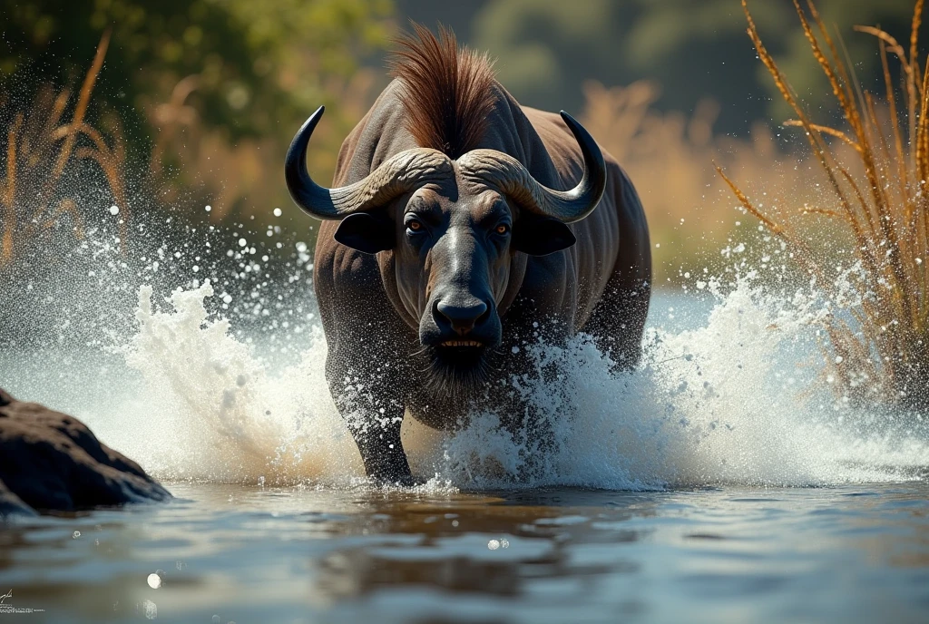 Create a dramatic, AI-generated artwork capturing the energy and intensity of motion in a shallow lake in Africa. The focus should be on the splash and turbulence created by rapid movement through the water, with droplets and waves adding to the sense of urgency and aggression. The background should feature the natural elements of the African savanna, such as tall grasses and partially submerged rocks, but with a primary emphasis on the dynamic water interaction.
Use rich, vibrant colors and sharp details to highlight the textures of the water and surrounding environment. The lighting should be dramatic, with strong contrasts to emphasize the movement and the scene's overall intensity.
The final artwork should be high-resolution and visually impactful, capturing the raw power and energy of the scene in its natural habitat, creating a striking and memorable image.