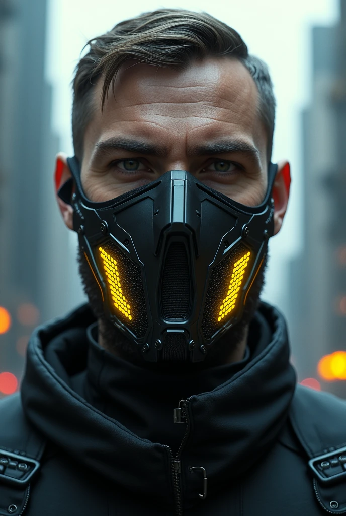 Man with black and yellow technological mask on his face