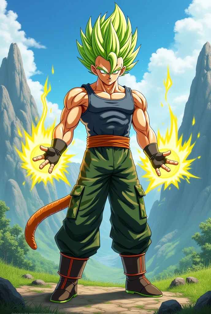 SOLO, ONE Full Portrait, 2.5D, Xenoverse 2 art style, (PALER SKINNED Lime Green Super Saiyan, Gray Tank Top, Camo Cargo Pants, Black Glovelettes, Brown Boots, One Slim Brown ey Tail, Taller Brawny Masculine Young Man with Larger Giant Bulky Muscles, Two Glowing Yellow Irises, Lots of Glowing Lime Green Very Longer Spiky Vegeta's Hair with Thicker Eyebrows, Smirk), In a Fighting Posture, Powerful Kai Blasts, Grass, Mountain Sun Blue Sky in the Background