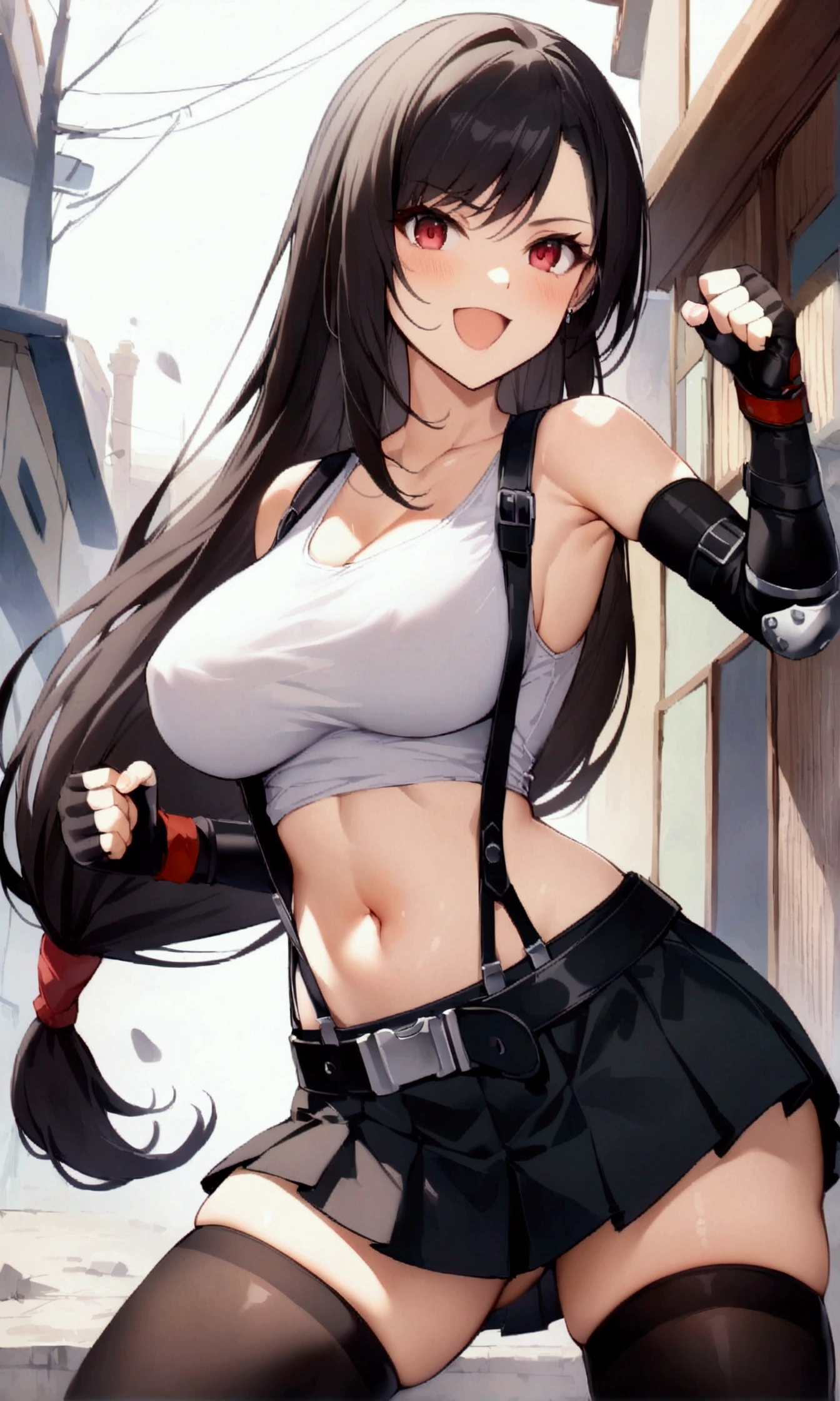 (score_9, score_8_up, score_7_up), BREAK  (masterpeace),(best quality),(aesthetic,very aesthetic),(highly detailed),1girl, tifa lockhart, final fantasy,(beautiful). black hair, low-tied long hair, red eyes, bangs, white tank top, belt, pleated skirt, thighhighs, elbow fingerless gloves, elbow pads, midriff, navel,suspender skirt.zettai ryouiki,large_breasts,gap,Solo,cowboy shot, vibrant, joyful,outdoor,(fighting stance:1.2),fist,navel focus