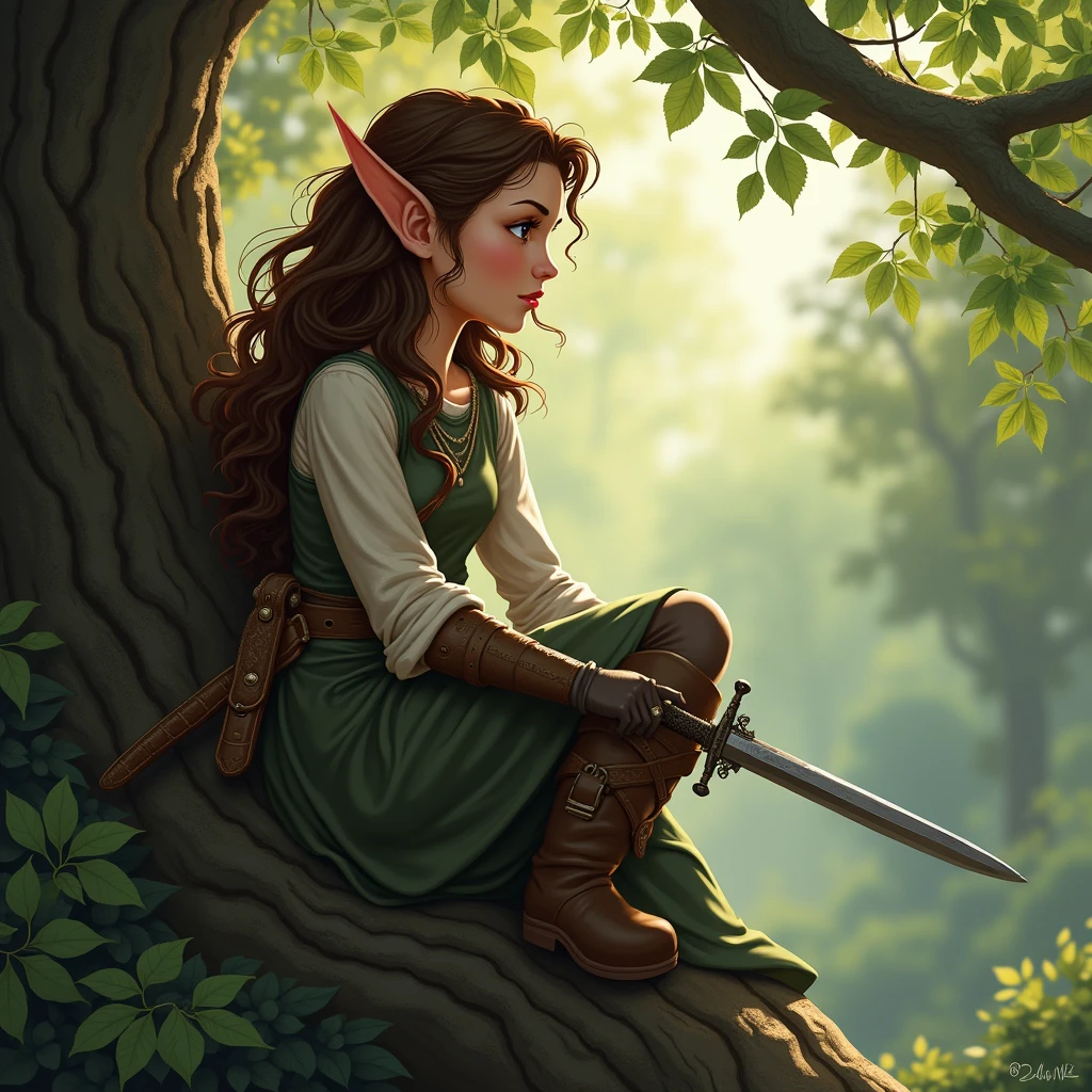 Curvy elf girl, brown hair, she is siting in a tree observing something in the distance, she is not looking at the camra and has a sword in a sheath at her hip