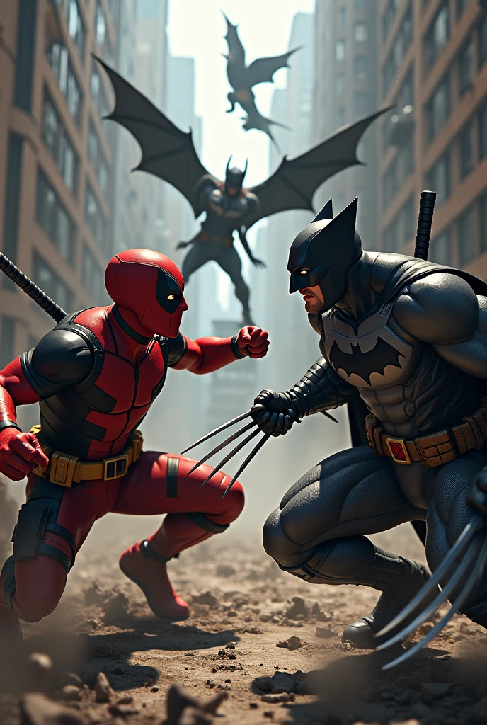 Wolverine fighting Deadpool and behind him fighting Batman and the Joker