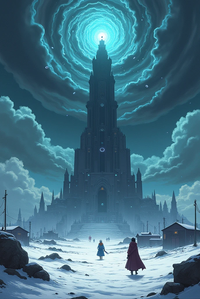 The image is anime style cowboy bebop and Darker than black with shadows and dim lights, anime style although somewhat adult and dark, It shows a desolate white landscape, where a humble city stands with the Tower of Babel in the center being flown over by thousands of biblically correct angels, It has eye shapes on floating rings, of thrones, of fireballs and humanoids in the distance. 