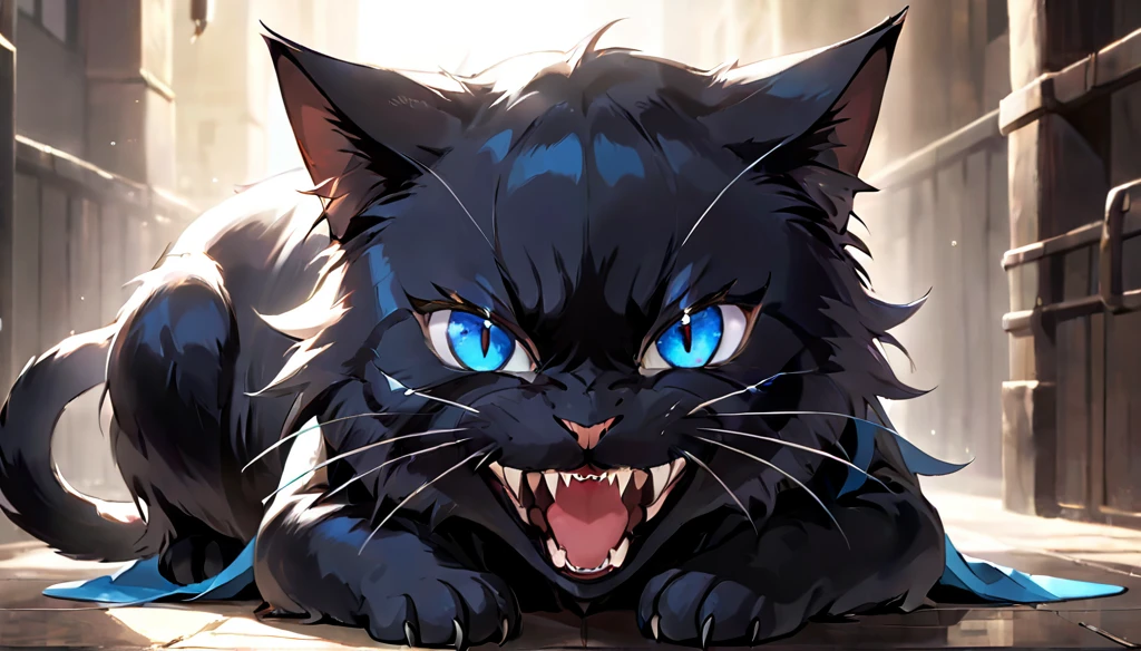 The cat looks really strong, its fangs are visible、Black color、Blue eyes