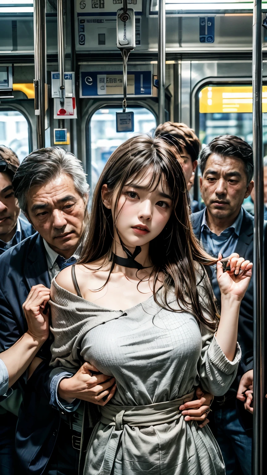 best quality, masterpiece, 1girl, a Japanese adult woman, frowning, molesting, men touching her body, men holding her body, surrounded by men,  in the train,