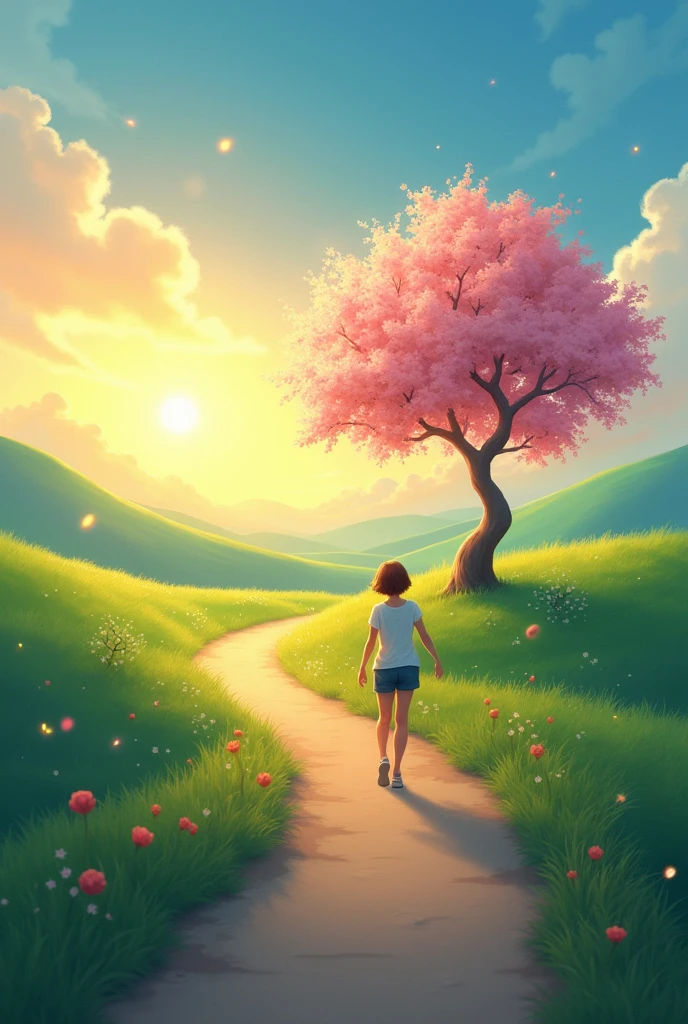 A vibrant landscape of a golden dawn, where a road winds through green hills. over the horizon, there is a lonely tree beginning to blossom, with leaves that shine in shades of pink and blue. a figure, with an expression of determination and joy, walks along the road, surrounded by sparks of light symbolizing positive energy and the endless possibilities that lie ahead.