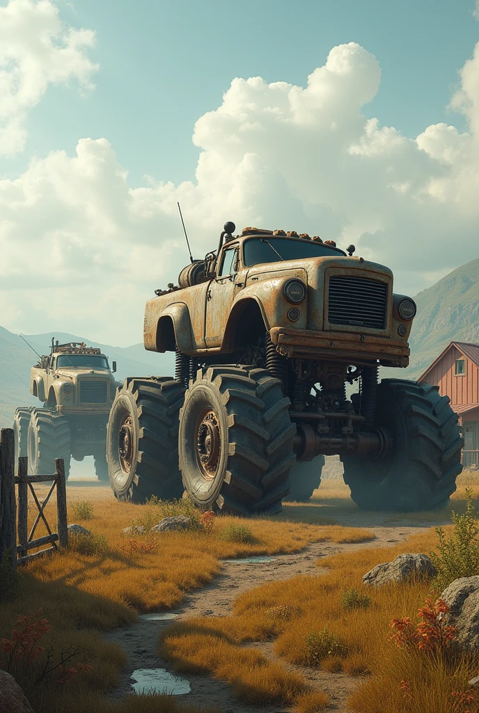 Rustic landscape with monster cars