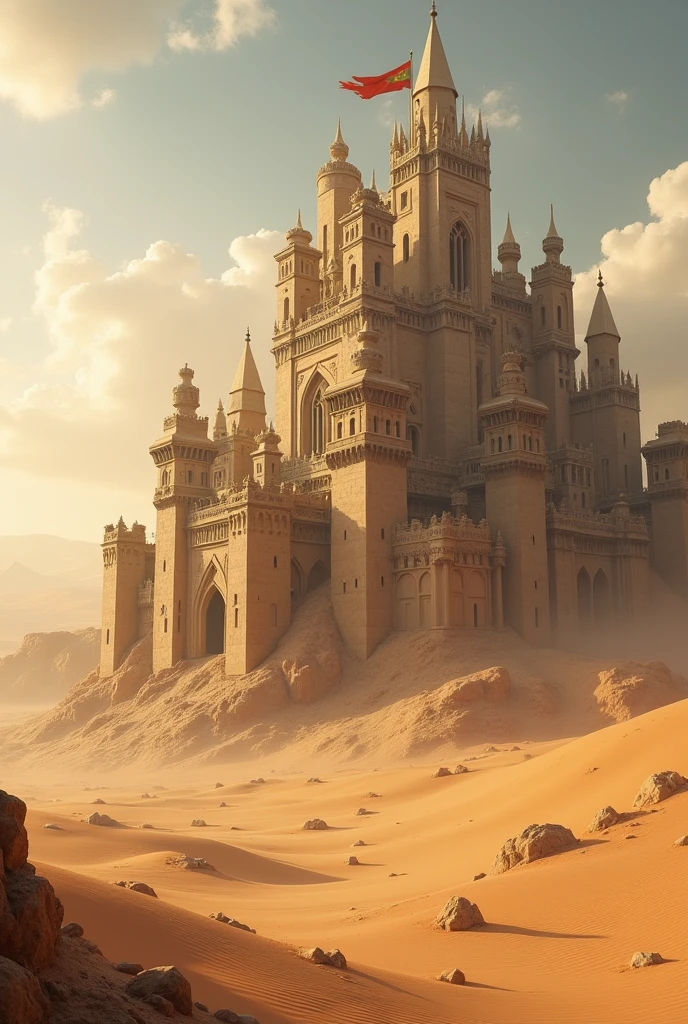 Make me an imposing and gigantic castle with a fortress in the desert
