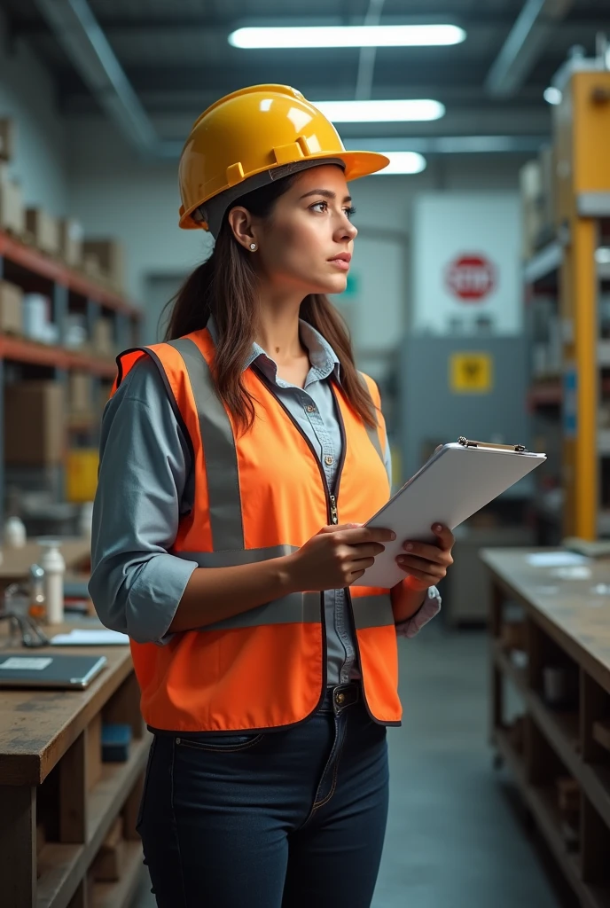 Make me an Occupational Safety Technician doing a risk analysis woman 
