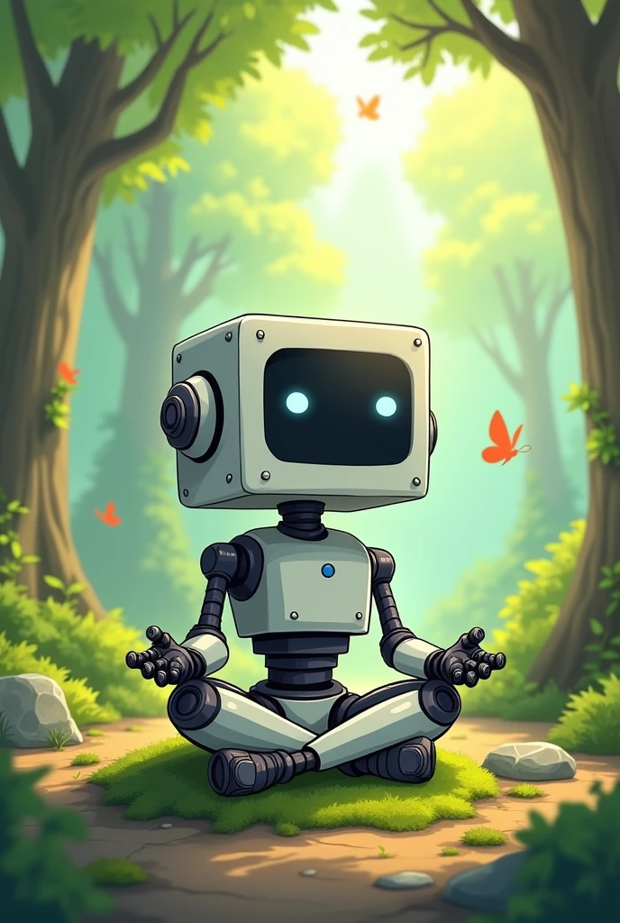 create a square cartoon robot meditating in nature 