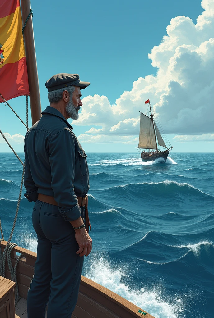 Part 1: The Sailor and the Sea Description:
A sailor is standing on the bow of a ship, looking at the sea. The ship advances quickly, cutting through the waves like a dolphin. The wind sways a flag attached to the mast.
Text in the Comic:
"What does it matter where a sailor comes from?, Where is the son?, what is your home? Love the cadence of the verse That the old sea teaches you!" determinados! ALREADY DONE,
sada:
Part 2: Saudade Description:
The sailor looks at the horizon. In your mind, Images of a Spanish woman emerge, reminding you of the Andalusians. His expression is melancholy.