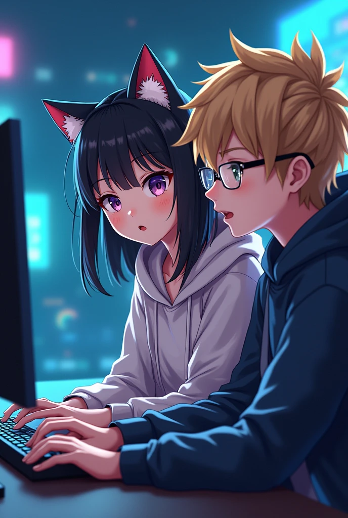 Gamer girl in a hood with cat ears with dark hair just below the shoulders, gamer guy next to him in transparent glasses with blond hair , at the computer