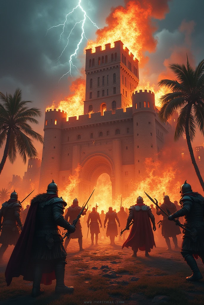 burning castle, natta, lightning, Viking warriors in a bloody battle against cowboys from the backlands, carnauba palms