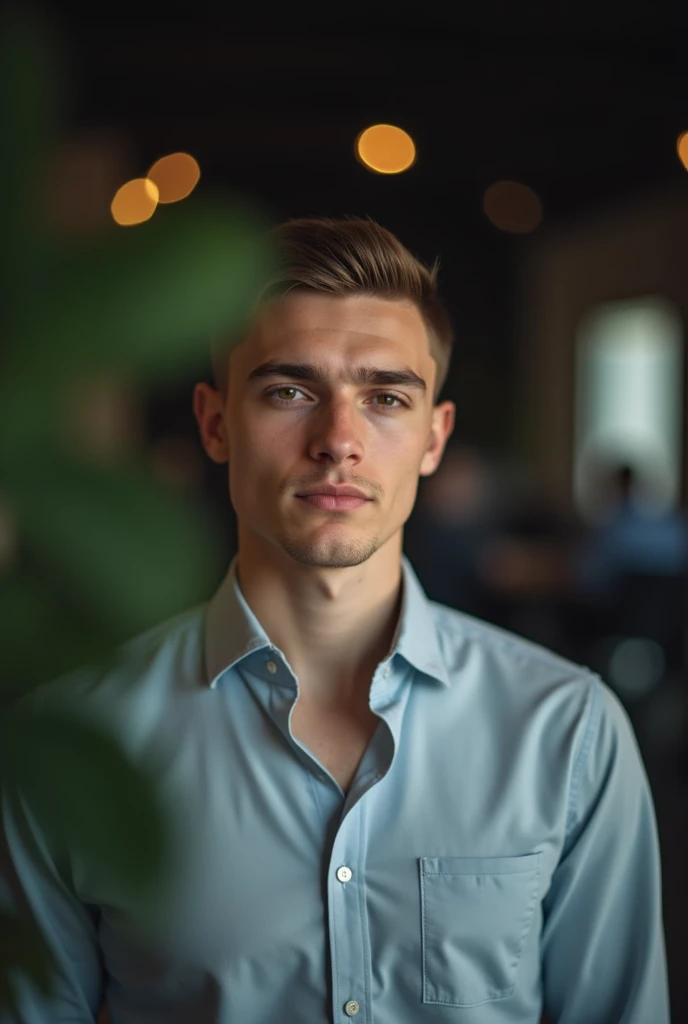 ((best qualityer)) (( without expression of tiredness)) ((low haircut)) young white man, social shirt, dark blurry background