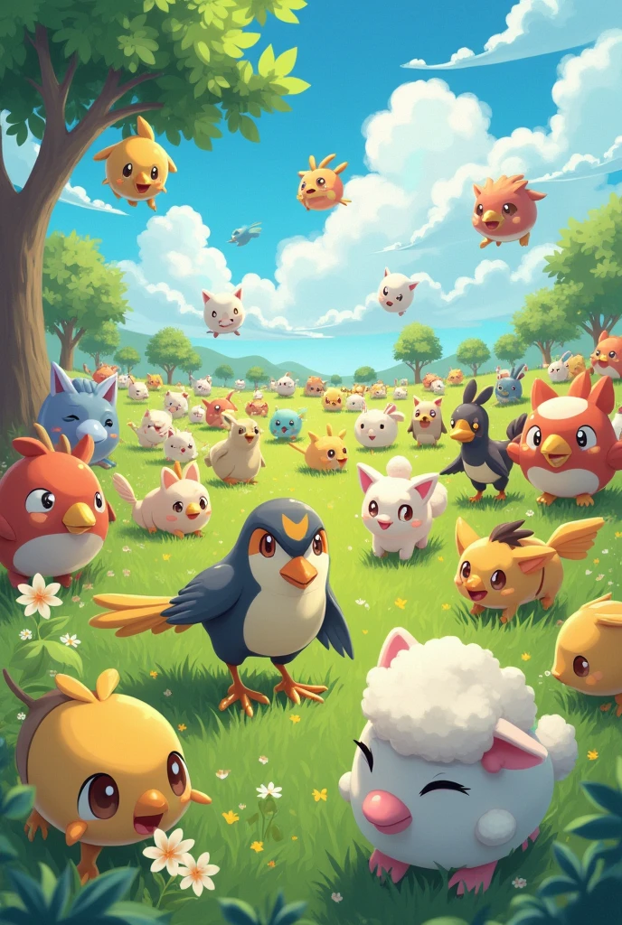 Pokemon, Virtual creatures of all kinds, Filling up the entire pasture, Q version, cute, Surreal, Fresh Painting、Mayo - Java sparrow type Pokémon Bird Pokémon。Former Buncho。Naughty Boy。 Anime-like image