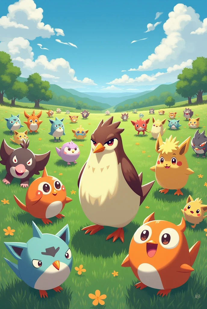 Pokemon, Virtual creatures of all kinds, Filling up the entire pasture, Q version, cute, Surreal, Fresh Painting、Mayo - Java sparrow type Pokémon Bird Pokémon。Former Buncho。Naughty Boy。 Anime-like image