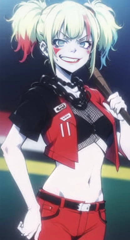  Small breasts, pigtails, red and black Crop top, red and black shirt, smirking at viewer, baseball bat,