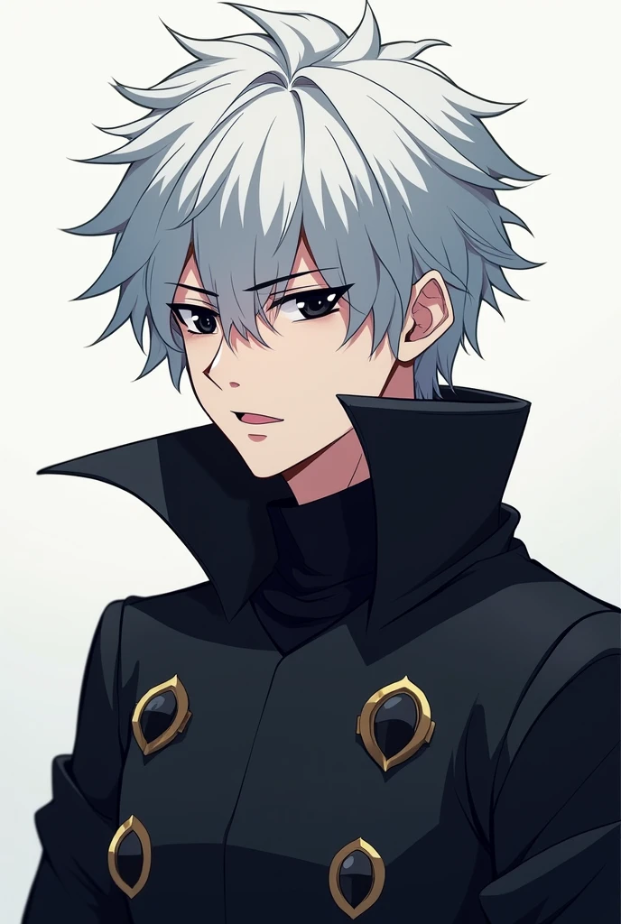 Create an image of a mercenary man with white hair, black eyes, average physique, from an anime inspired by Kirito, without weapons, with black eyes