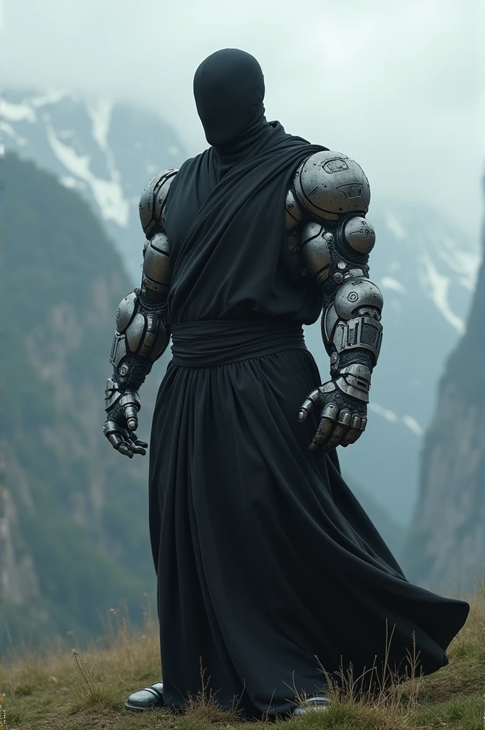 Make an image of a monk with a black wrestling mask and iron arms, make him very strong too.