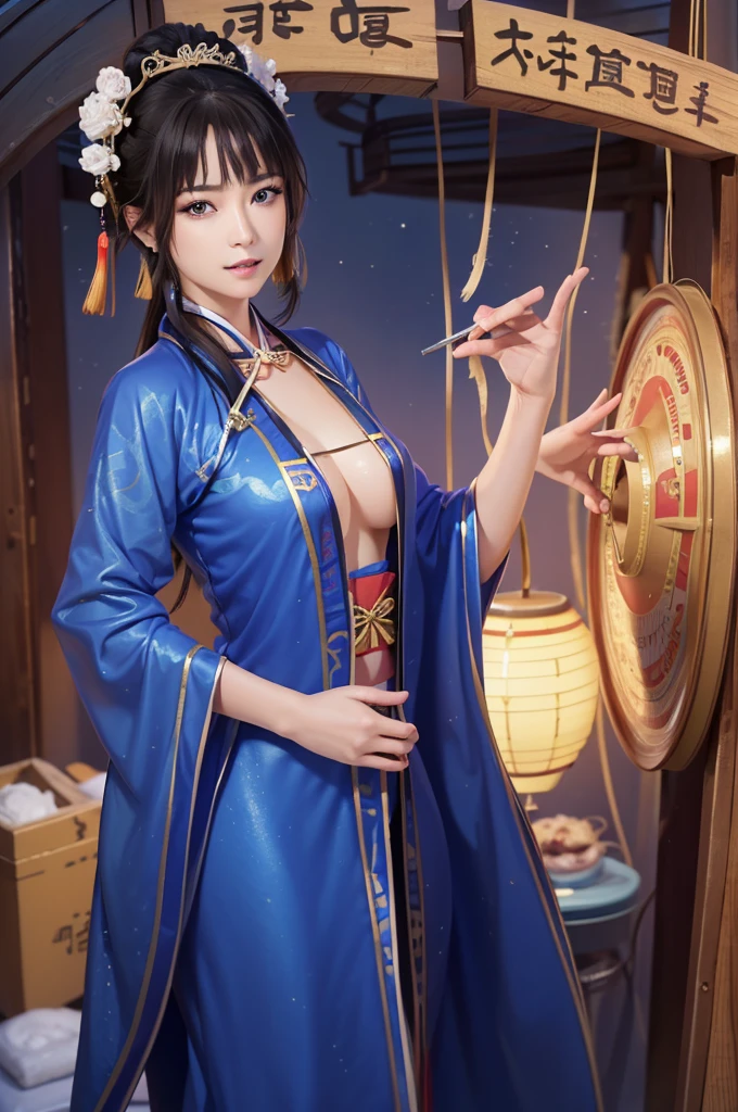 Starry sky landscape、shooting star、Outdoor、 Han Dynasty Landscape、Three Kingdoms、(Highest quality,4K,8k,High resolution,masterpiece:1.2)、Very detailed, High resolution,、Hyper HD、Studio Lighting、Ultra-fine painting、 Sharp focus、 Physically Based Rendering、 Very detailed説明、 Professional、 Vibrant colors、Traditional Chinese Painting Techniques、 Atmospheric lighting、 Vivid color contrast、 Ethereal atmosphere、Very detailed目と顔、 Beautiful attention to detail、 Light on the face、Hanfuを着た少女、(Hanfu: 1.1)、、Eyes are green、Slim figure、Small breasts、(((1 girl)))、Sexy pose