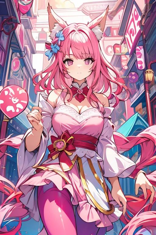An adult woman with pink eyes, long bright pink hair with fox ears. Wears an elegant dress. She must be wearing a pink leggings. she comes from wonderland