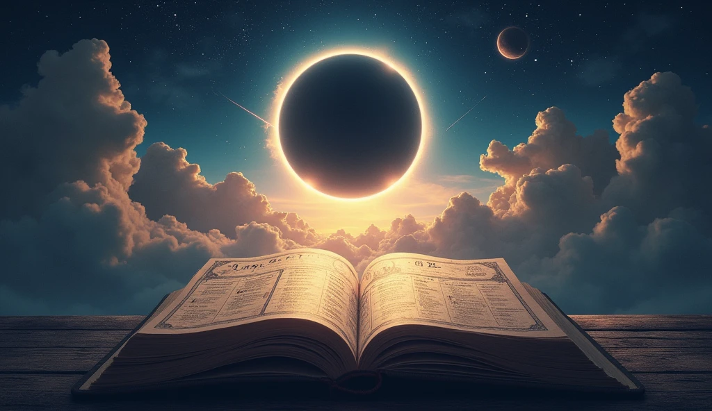 A calendar with highlighted dates and a dramatic sky showing an eclipse, representing ongoing astrological events. The scene should be one of anticipation and ongoing change. --ar 16:9