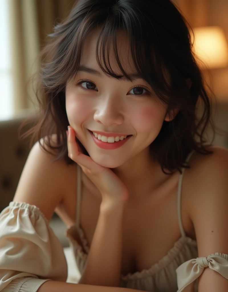 Female Japanese Model, Cute Smile, Provocative,((Beautiful Skin)),((Skin Texture)),((Real Touch)), healthy skin, seated, upper body, leaning forward, observe the audience, wicked grin, Super detailed face, Casual Hair:1.2, Delicate eyes, double eyelid, Photorealistic, High quality, Ultra-realistic, masterpiece, Highest quality, Super detailed, Shadow, Skin Texture Film Grain:1.3, Warm colors, Warm Tones:1.2, Ultra-high resolution, Kodak Vision 3, Natural Eye, Highest quality,8k, masterpiece:1.3