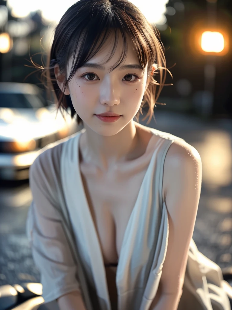 masutepiece, (Best Quality:1.4), Realistic, Dramatic lighting,Professional Writing,strong shadows,Highly detailed unified 16k wallpapers, Photorealistic ray-traced depth of field,Wet roads ,Orange filter、((Random pose 1.3)),drenched, Dripping, Wet Face,Wet clothes, Wet Skin, Wet Hair,A young woman with a cute face like a Japanese idol,(Cleavage),((Cinema Lighting),(Natural light),(High level of artistry),(artistic),(Indistinguishable quality from the real thing),RAW Photos,Genuine,Genuine,High resolution,RAW Photos,masterpiece, beautiful