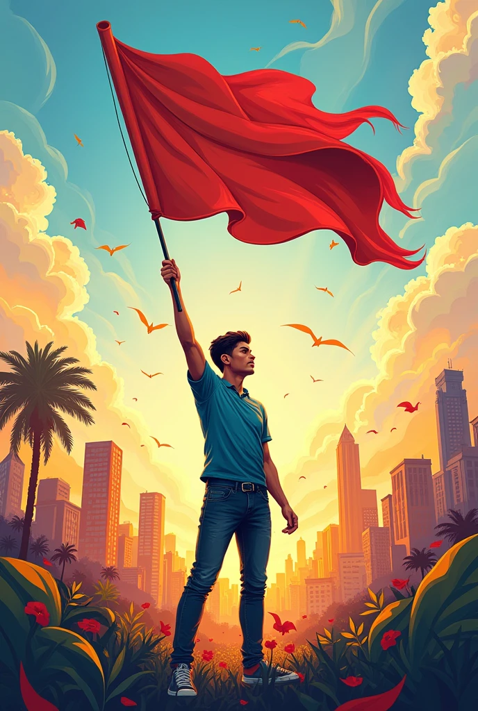 A young man raising a flag symbolizing youth rights, surrounded by icons representing education, Health, job, culture and sport.

