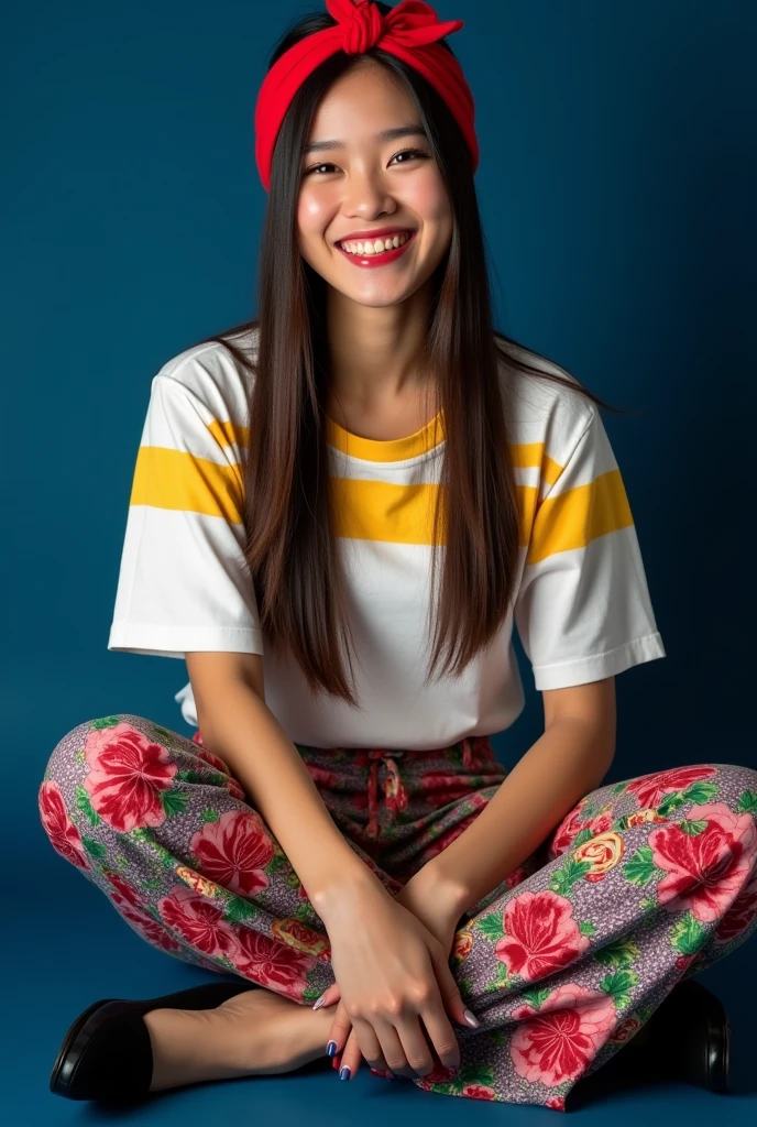 A 4 full body beautiful Thai's woman's smiles brightly, has a long straight shiny hairstyle with red headband, wears a rose's designs and say's " alliz " white t-shirts yellow stripes colorful pants rose's designs and black beautiful shoes, sitting on the dark blue, photography.