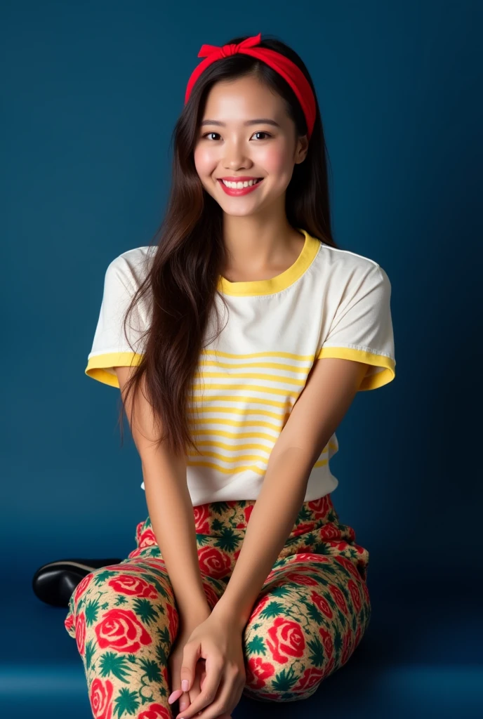 A 4 full body beautiful Thai's woman's smiles brightly, has a long straight shiny hairstyle with red headband, wears a rose's designs and say's " alliz " white t-shirts yellow stripes colorful pants rose's designs and black beautiful shoes, sitting on the dark blue, photography.