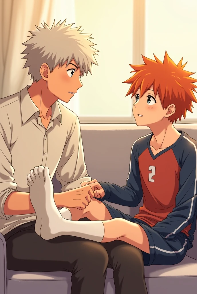 A side view of Kageyama from Haikyuu sitting on a couch, with only Shoyo Hinata's feet resting in Kageyama's lap. Hinata is wearing his Karasuno High School volleyball uniform and white socks that reach his ankles. His signature orange hair is slightly tousled. Kageyama, slightly older, gazes down at Hinata's feet with a thoughtful expression. The scene is bathed in soft, warm light, creating a peaceful and intimate atmosphere.  The artwork should be in the style of the Haikyuu anime, with vibrant colors, dynamic lines, and expressive characters.