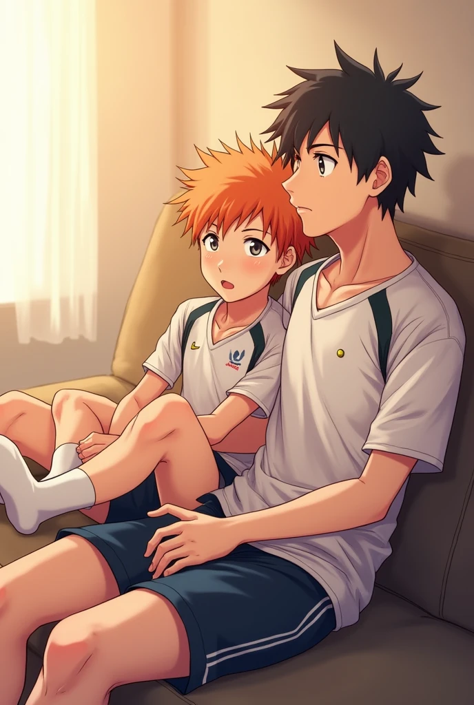 A side view of Kageyama from Haikyuu sitting on a couch, with only Shoyo Hinata's feet resting in Kageyama's lap. Hinata is wearing his Karasuno High School volleyball uniform and white socks that reach his ankles. His signature orange hair is slightly tousled. Kageyama, slightly older, gazes down at Hinata's feet with a thoughtful expression. The scene is bathed in soft, warm light, creating a peaceful and intimate atmosphere.  The artwork should be in the style of the Haikyuu anime, with vibrant colors, dynamic lines, and expressive characters.