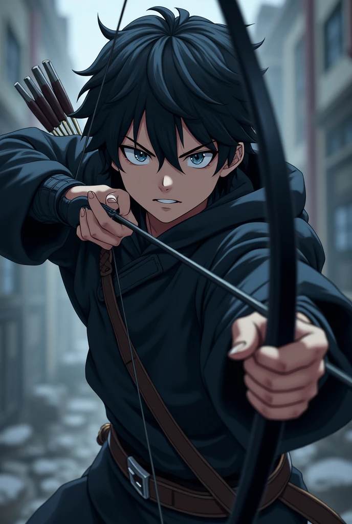 Japanese anime style: A young man with black hair and light blue eyes, has a fierce look and an aggressive expression even though he is young, wears dark medieval clothing and a bow and arrow the color of ebony, being an exceptional archer