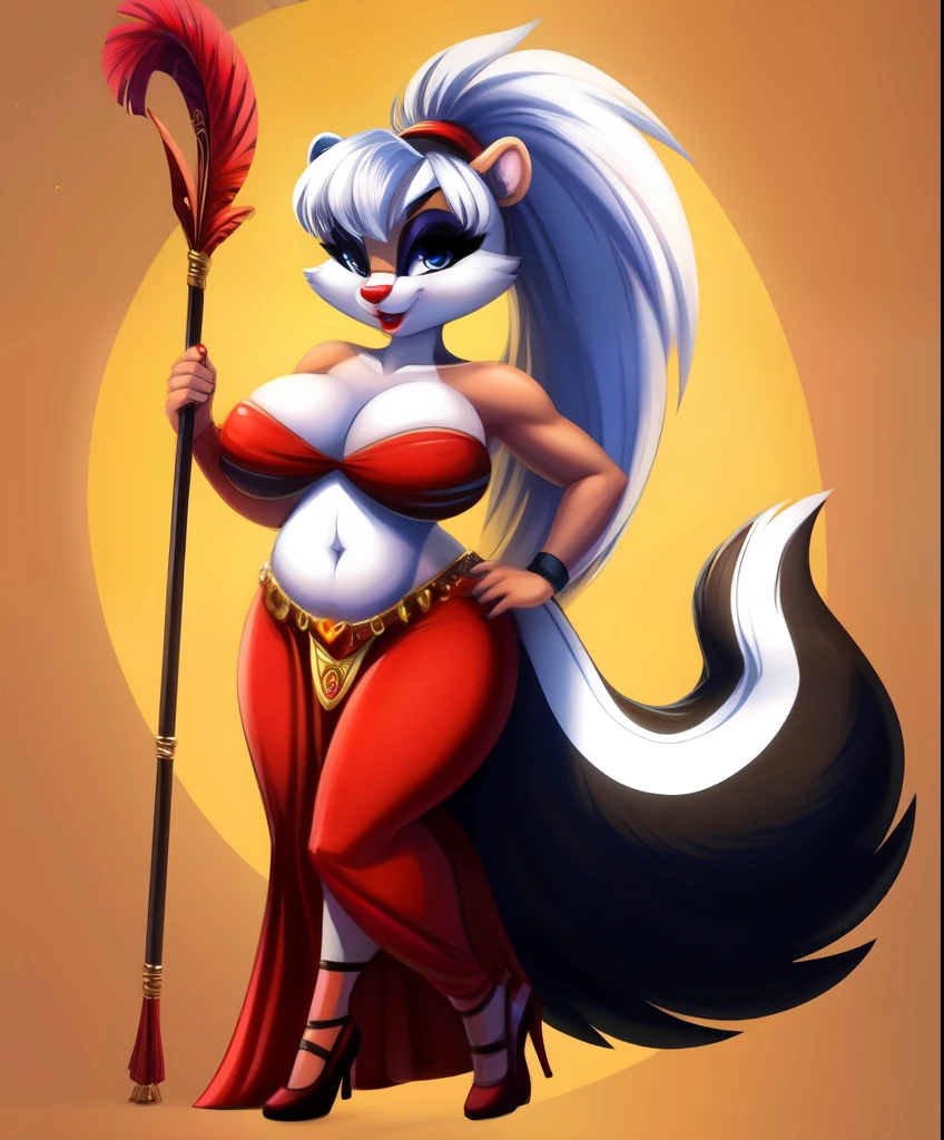 Female anthro skunk, ponytail hair, eye shadows, red lips, big boobs, red heart shaped strapless belly dancer, ladies shoes, holding a feathers staff, tiny toons style