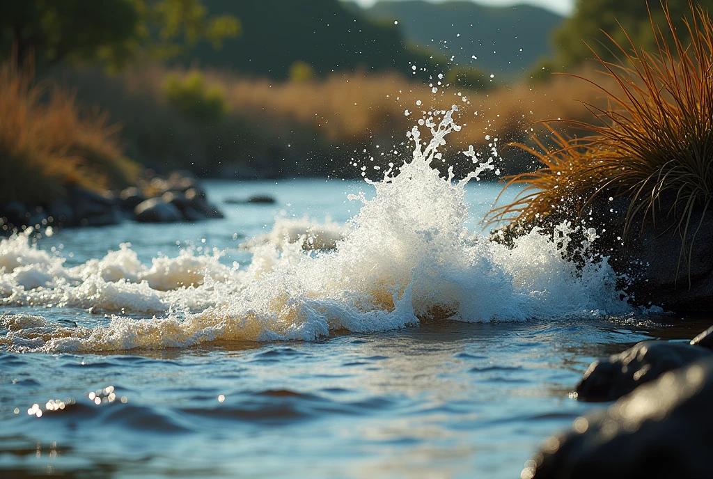 Create a dramatic, AI-generated artwork focusing on a shallow lake in Africa, emphasizing the dynamic motion and energy of the water. Capture the splash and turbulence created by rapid movement through the water, with droplets and waves adding to the sense of urgency and activity. The background should feature the natural elements of the African savanna, such as tall grasses and partially submerged rocks.

Use rich, vibrant colors and sharp details to highlight the textures of the water and the surrounding environment. The lighting should be dramatic, with strong contrasts to emphasize the movement and the scene's overall intensity.

The final artwork should be high-resolution and visually impactful, capturing the raw beauty and energy of the landscape in its natural habitat, creating a striking and memorable image.