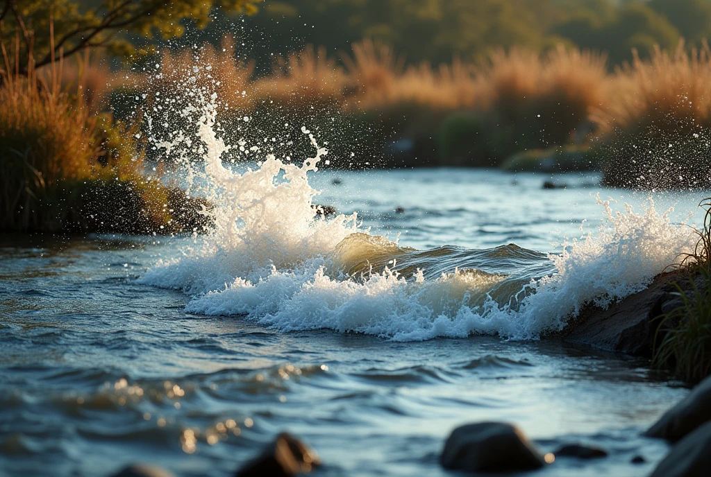 Create a dramatic, AI-generated artwork focusing on a shallow lake in Africa, emphasizing the dynamic motion and energy of the water. Capture the splash and turbulence created by rapid movement through the water, with droplets and waves adding to the sense of urgency and activity. The background should feature the natural elements of the African savanna, such as tall grasses and partially submerged rocks.

Use rich, vibrant colors and sharp details to highlight the textures of the water and the surrounding environment. The lighting should be dramatic, with strong contrasts to emphasize the movement and the scene's overall intensity.

The final artwork should be high-resolution and visually impactful, capturing the raw beauty and energy of the landscape in its natural habitat, creating a striking and memorable image.