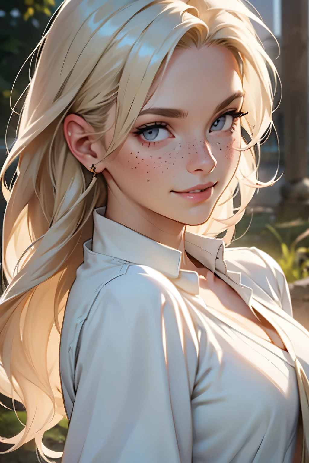 Woman, americana, age 25, pale skin and freckles, gray eyes, delicate nose, soft and delicate lips, far away, cabelo blondie far away e ondulado na altura da cintura, sweet smile, face with delicate feminine facial features, highly rendered, jaqueta branca, calça courino preta, blusa regata de seda creme
