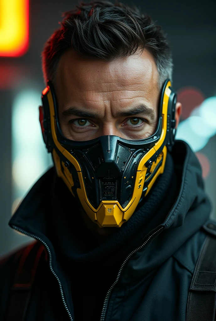 Man with yellow and black technological mask on his face 