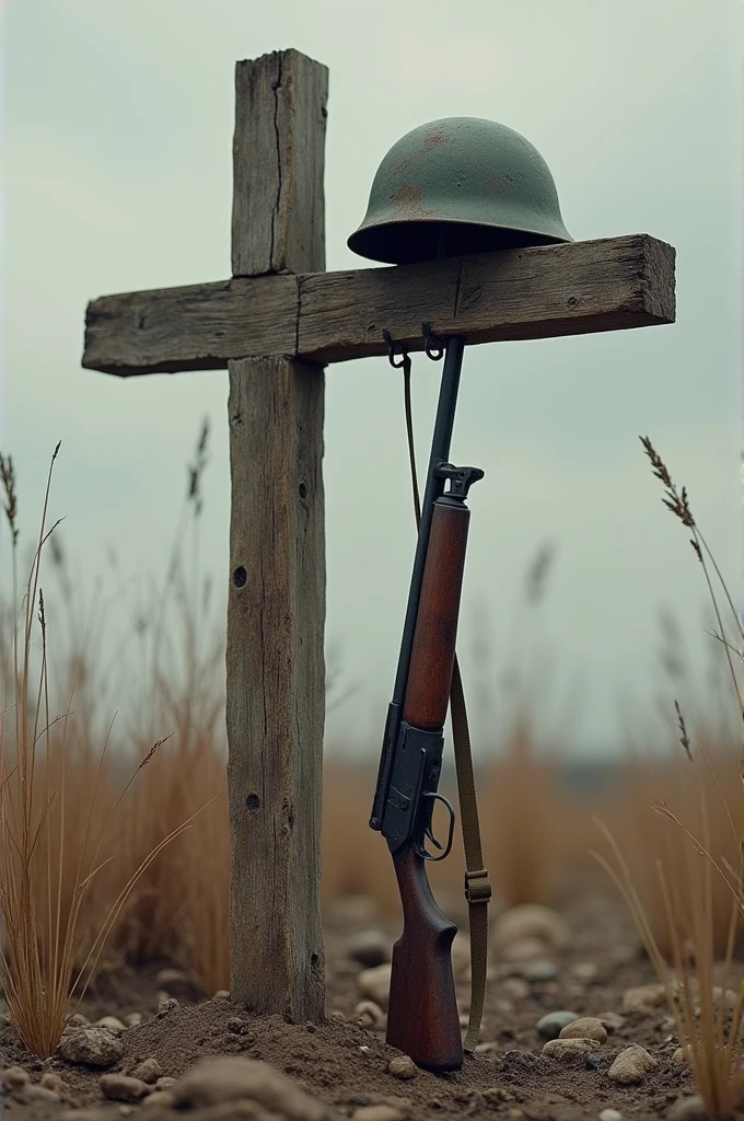 Wooden cross with military helmet above and war rifle hanging next to it in the middle of a field with dirt and little grass