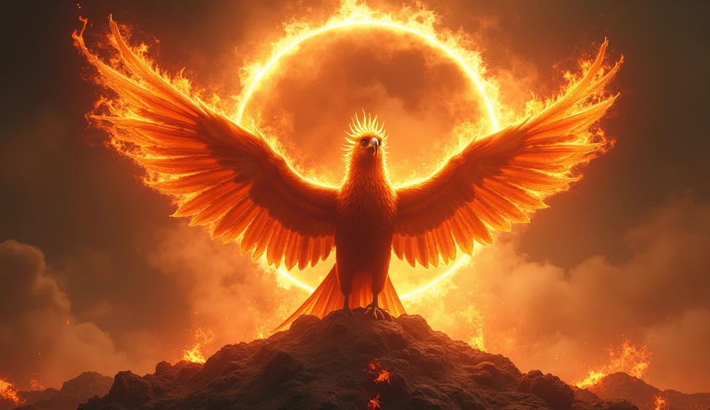 An image of a phoenix rising from the ashes with eclipses in the background, symbolizing transformation and renewal. The mood should be powerful and inspirational. --ar 16:9