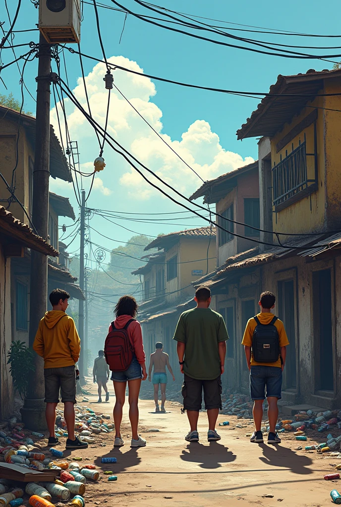 {
  "prompt": "In a Grand Theft Auto (GTA) video game style, standing electrity post cable wire hanging depict a scene in a vibrant, yet slightly gritty urban Brazilian environment. Show a group of young people aged 20 to 30 standing in front of a run-down slum place villages. scrap cans broken beer bottles debris Some of them look disheartened, reflecting the reality that they are neither studying nor working. In the background, include signs of urban slum 

