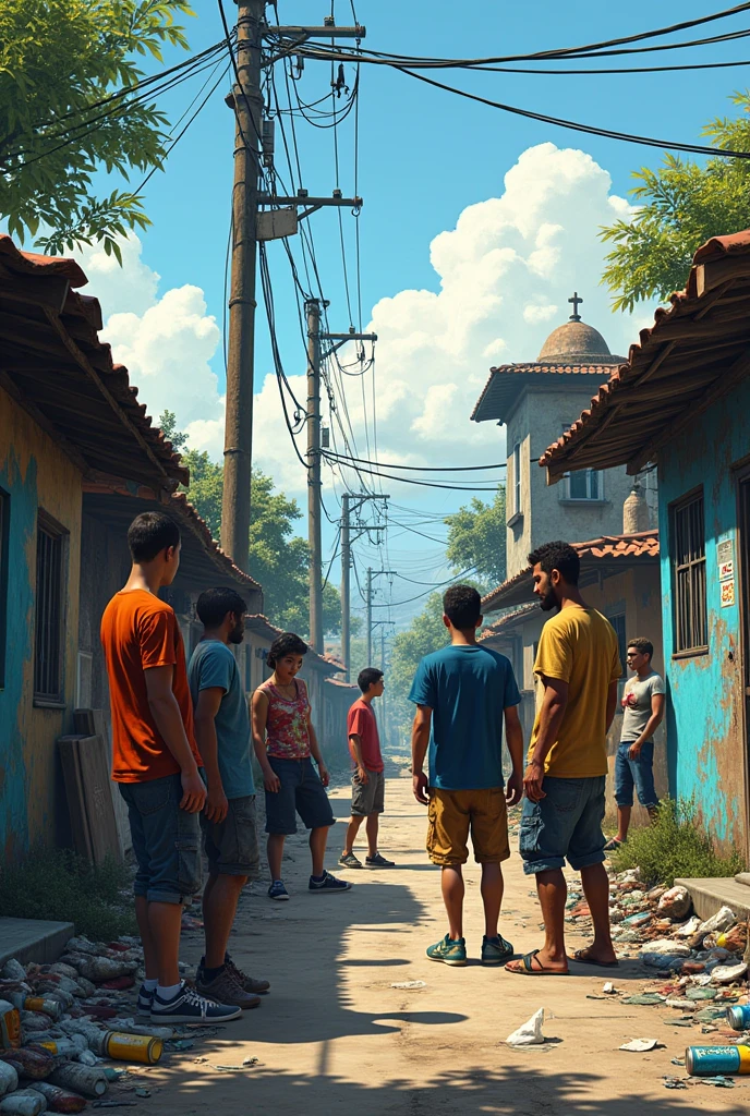 {
  "prompt": "In a Grand Theft Auto (GTA) video game style, standing electrity post cable wire hanging depict a scene in a vibrant, yet slightly gritty urban Brazilian environment. Show a group of young people aged 20 to 30 standing in front of a run-down slum place villages. scrap cans broken beer bottles debris Some of them look disheartened, reflecting the reality that they are neither studying nor working. In the background, include signs of urban slum 

