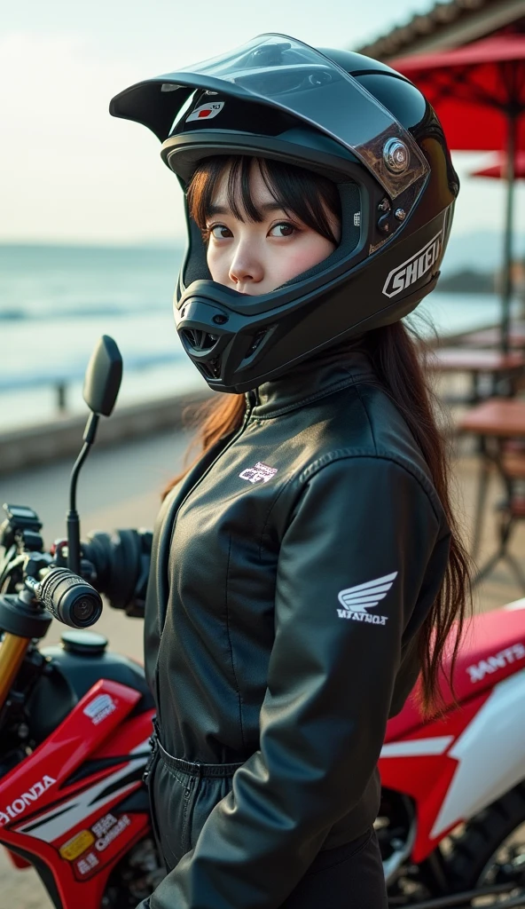 realistic, cinematic scene, very beautiful Japanese high school girl, standing next to the off-road motorcycle, in front of a trendy seaside cafe, dramatic scene, masterpiece, (face focus:1.3), clear helmet visor, beautiful eyes, Honda CRF250L, Shoei off-road helmet, (wearing off-road rider's outfits), (shoot from side:1.3)