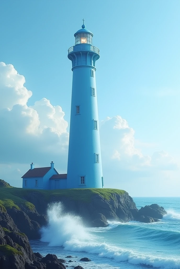 Create me an image that says lighthouse and has a blue lighthouse centered in the middle