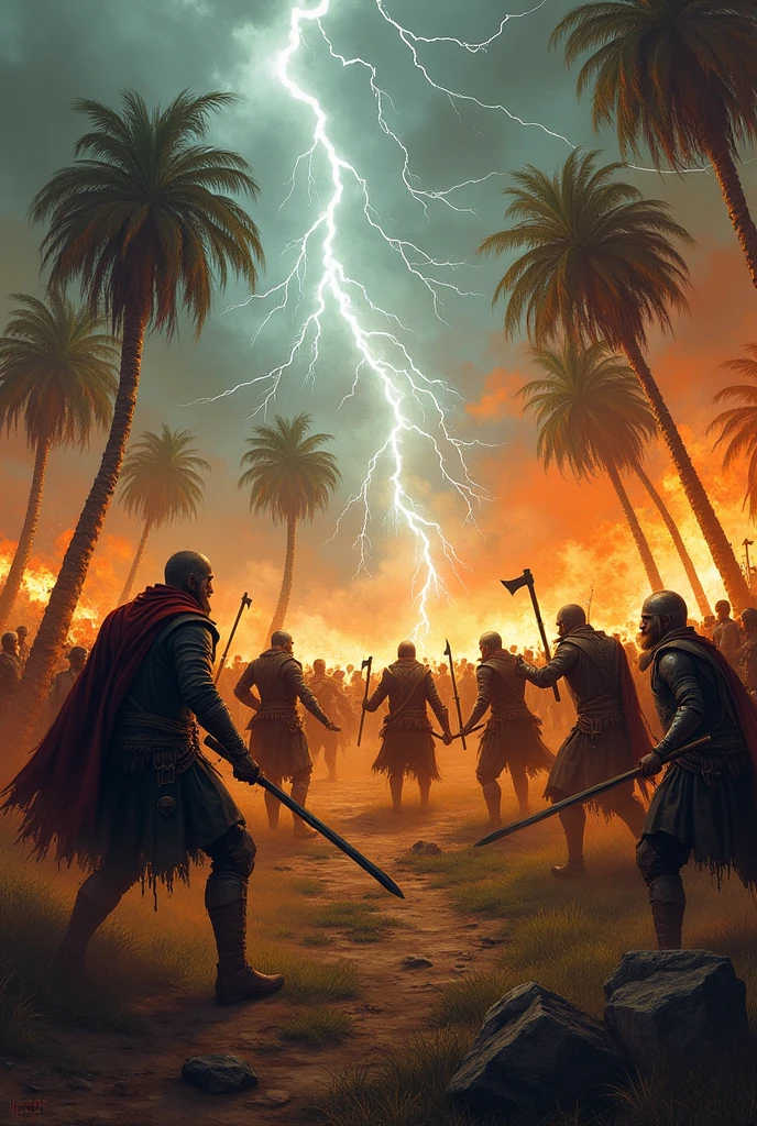 flames, natta, lightning, Viking warriors in a bloody battle against cowboys from the backlands, carnauba palms